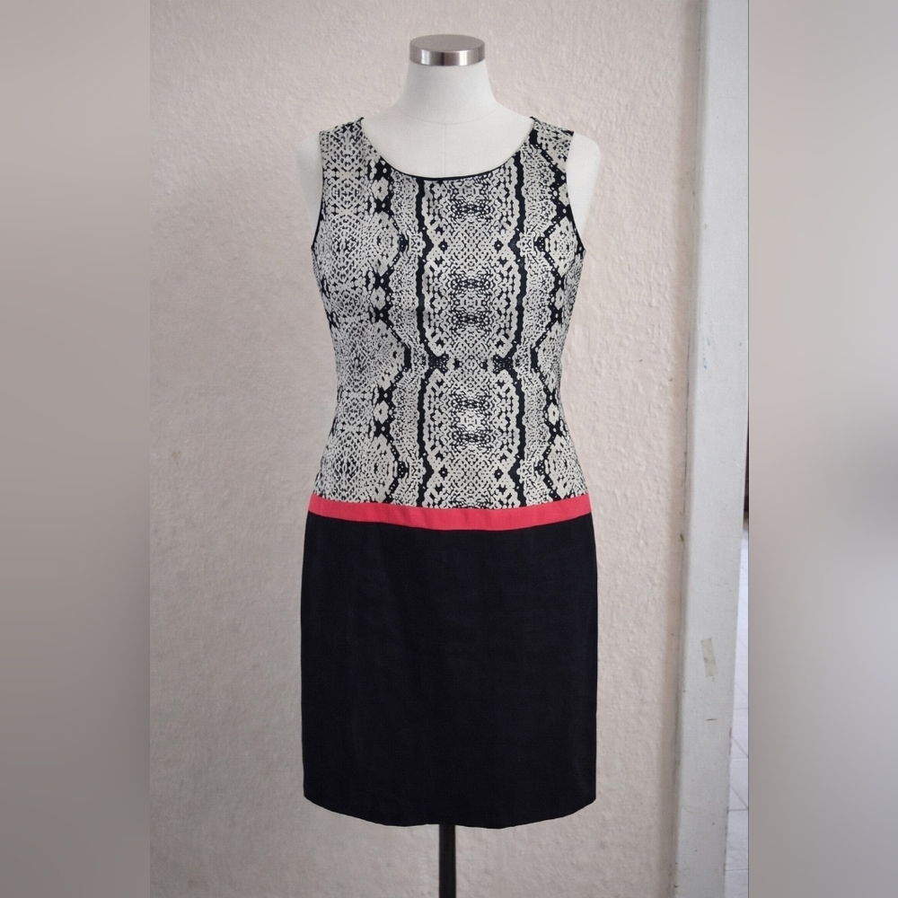 LOFT Black and White Midi Dress with Pink Trim